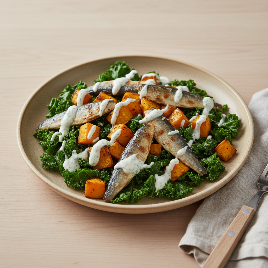 Sardinen-Süßkartoffel-Bowl mit Grünkohl und Joghurt-Dill-Sauce