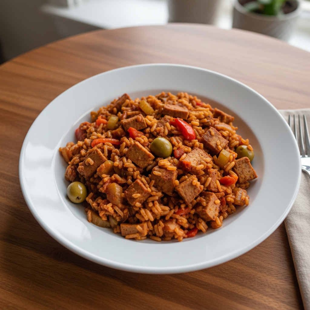 Seitan-Jambalaya mit Reis, Paprika und grünen Oliven