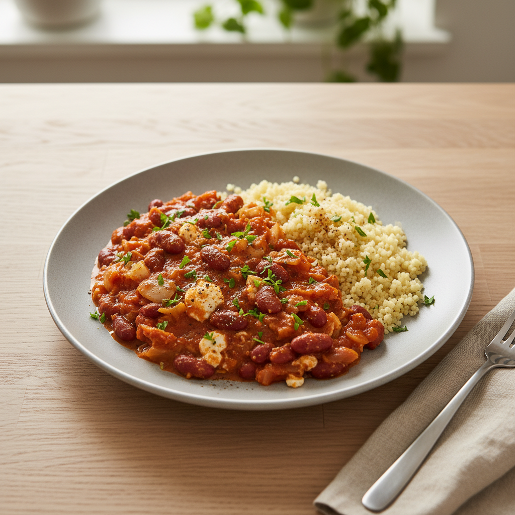 Senf-Kidneybohnen-Pfanne mit Couscous und Weißkohl