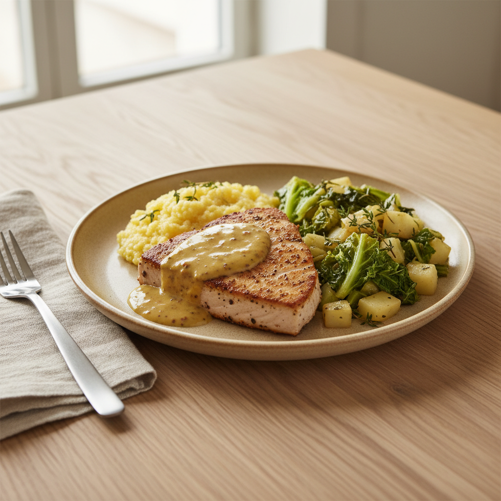 Senf-Thunfisch mit Polenta und Wirsing-Kohlrabi-Gemüse