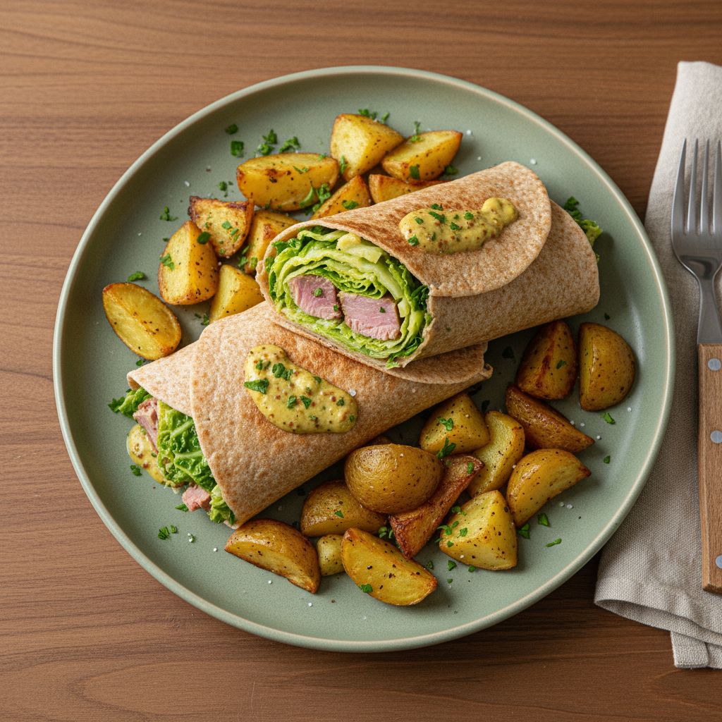 Senf-Thunfisch-Wrap mit Wirsing und Ofenkartoffeln