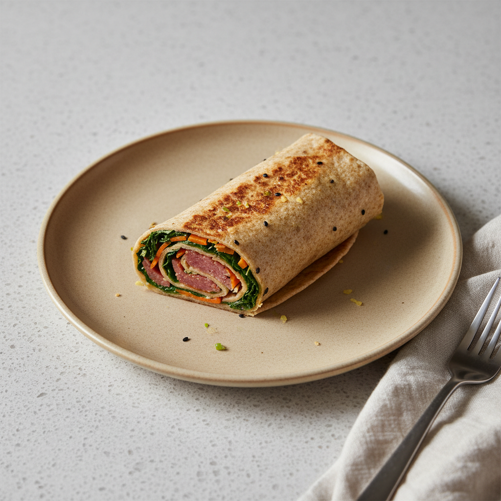 Sesam-Ingwer-Salami-Wrap mit Spinat und Karotten
