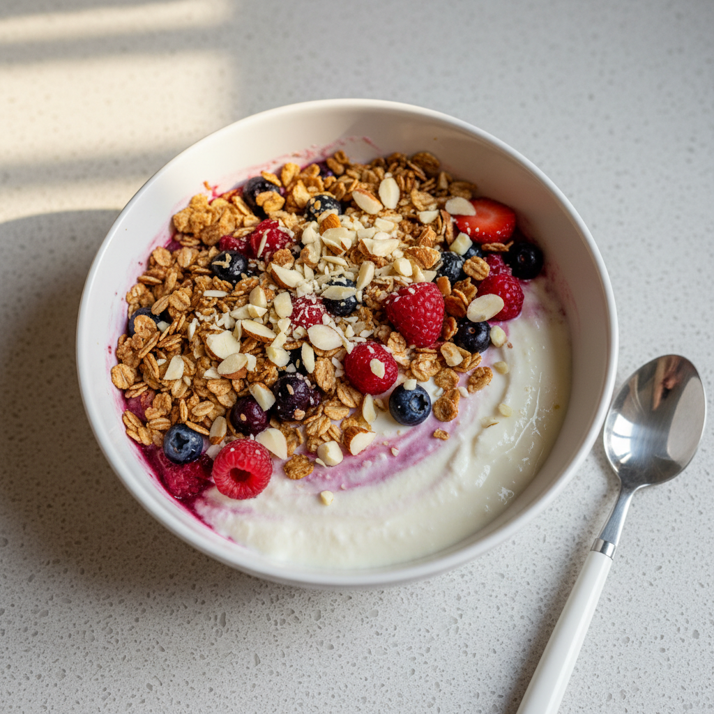 Smoothie-Bowl mit Naturjoghurt, Müsli, Beeren, Whey und Mandeln