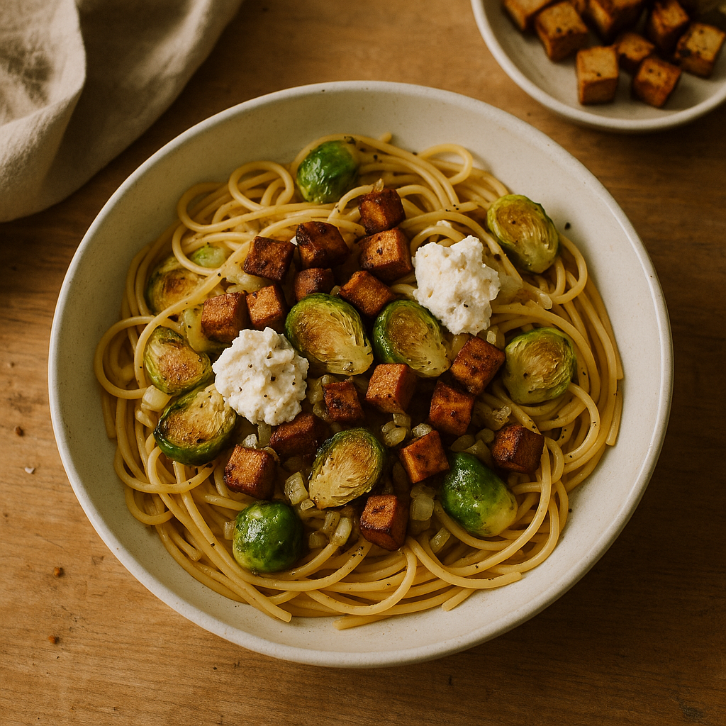 Spaghetti mit knusprigem Räuchertofu, Rosenkohl und Ricotta