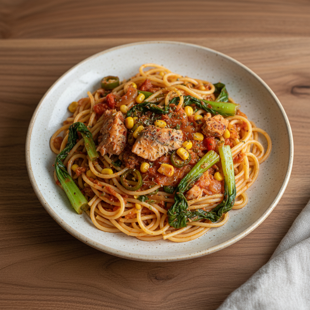 Spaghetti mit Makrele, Pak Choi und Tomaten-Chili-Sauce