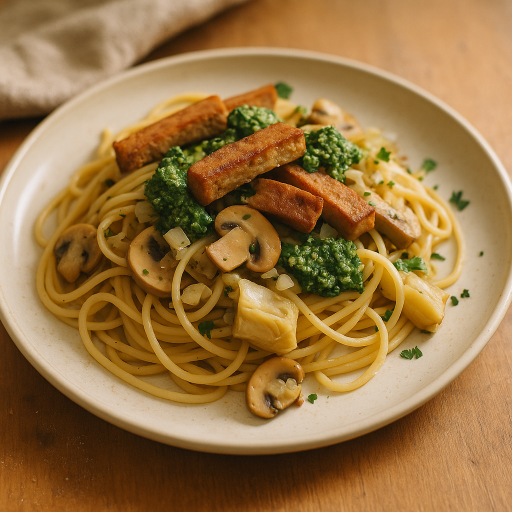 Spaghetti mit Seitan, Artischocken und Petersilien-Pesto