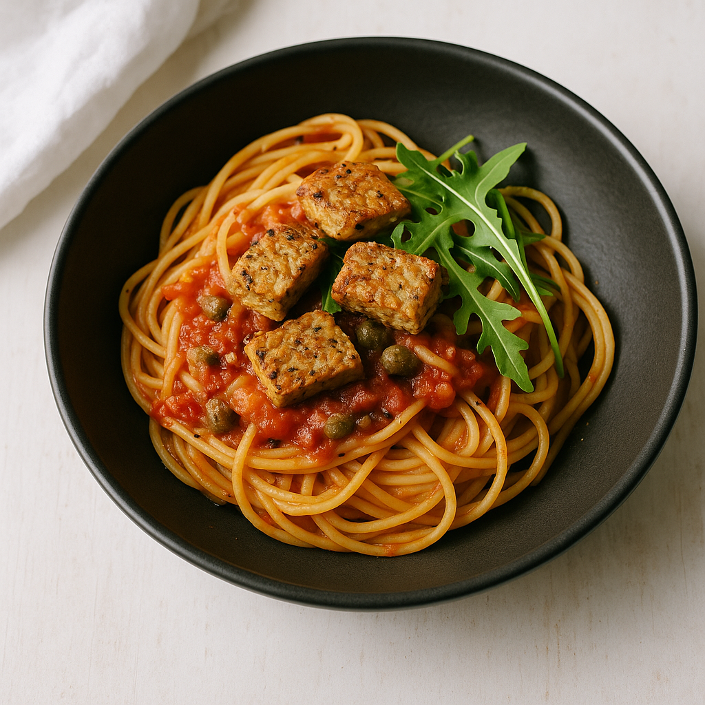 Spaghetti mit Tomaten-Kapern-Sauce und knusprigem Tempeh