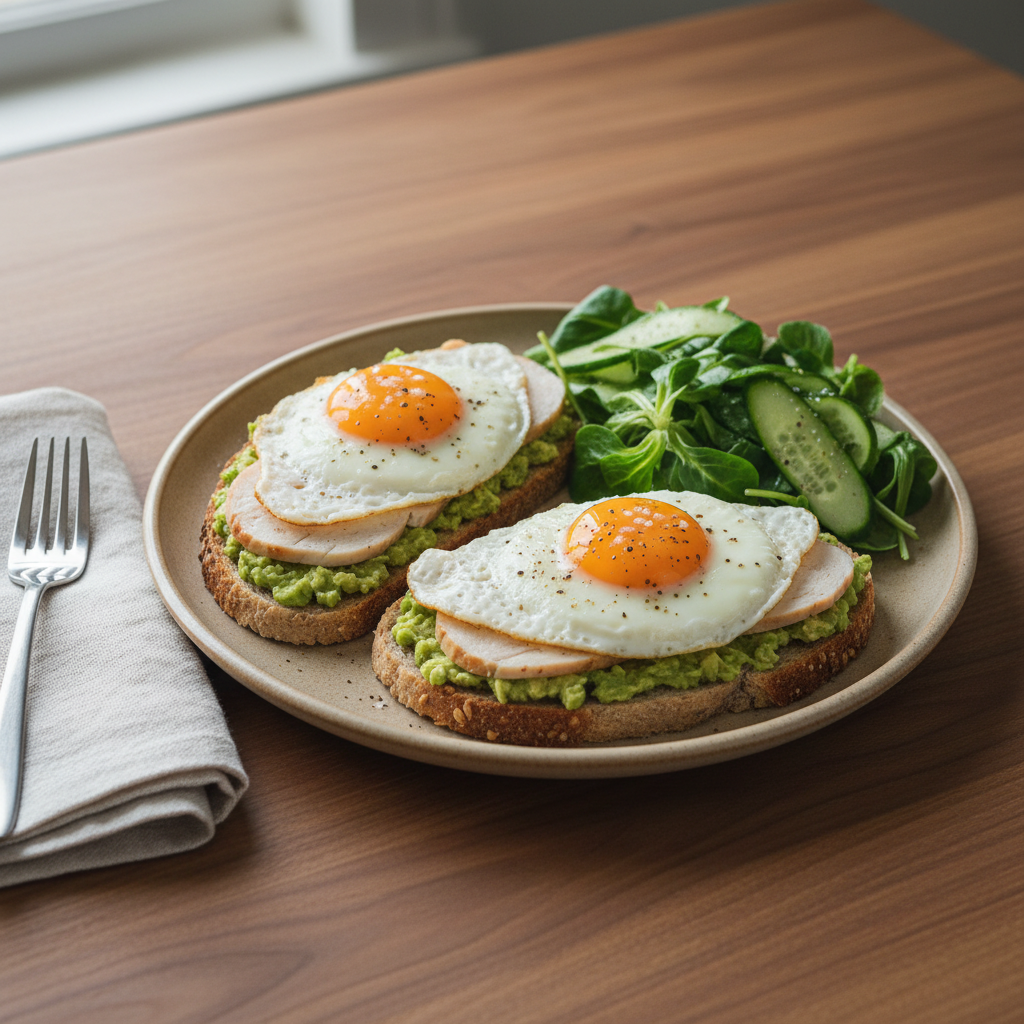 Spiegelei auf Vollkornbrot mit Avocado und Feldsalat