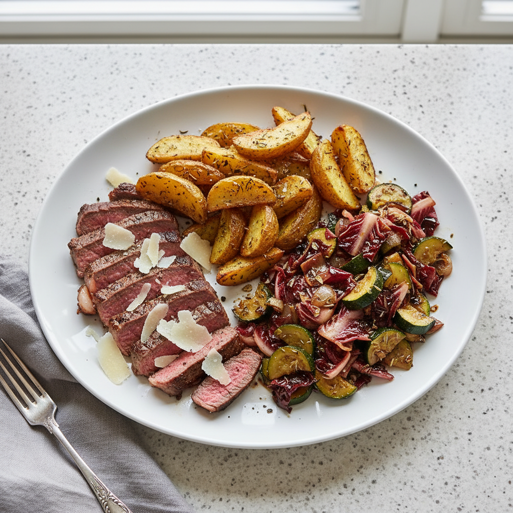 Tagliata vom Rindersteak mit Rosmarin-Kartoffeln und warmem Radicchio-Zucchini-Gemüse