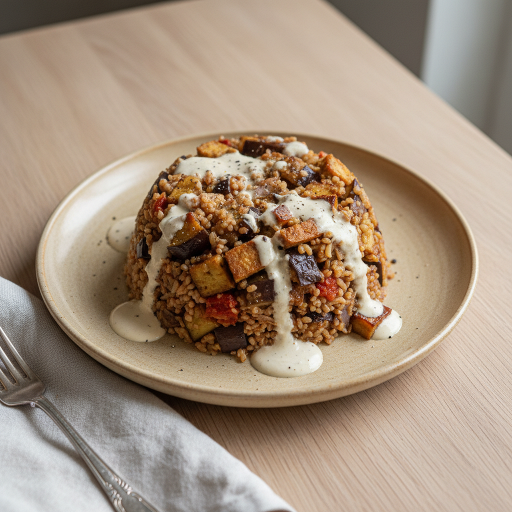 Tempeh-Maqluba mit Bulgur und Aubergine