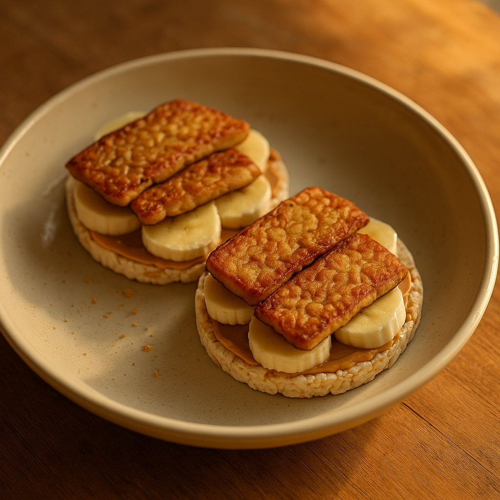 Tempeh-Reiswaffel-Snack mit Erdnussbutter