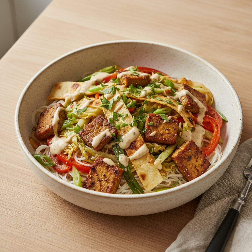 Tempeh-Tortilla-Bowl mit Reisnudeln, Spitzkohl und Tahini-Soja-Dressing