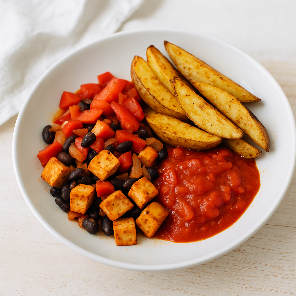 Tofu-Bohnen-Pfanne mit Ofenkartoffeln und Paprika-Tomatensauce