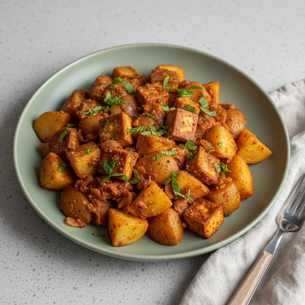 Tofu-Kartoffel-Tajin mit Harissa-Tomatensauce und Minze