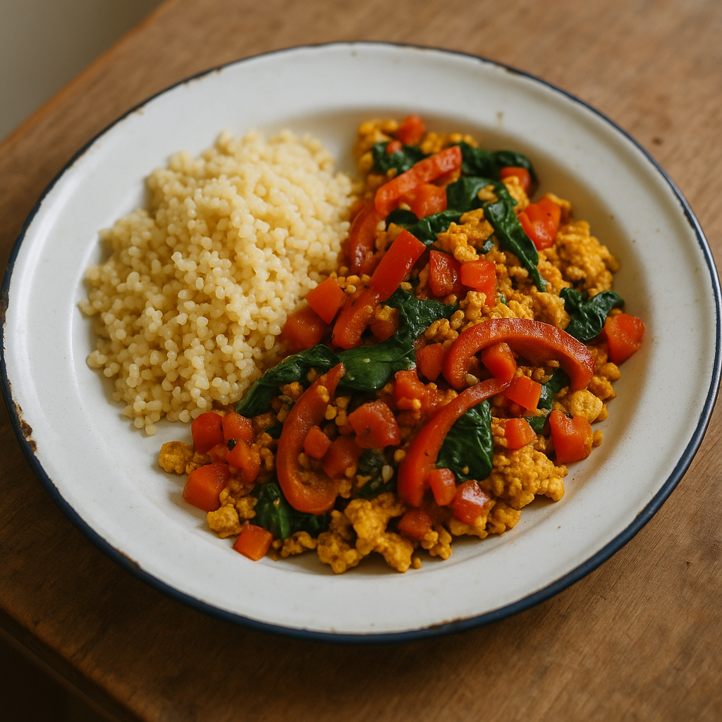 Tofu-Omelett mit Paprika, Spinat, Tomaten und Hirse