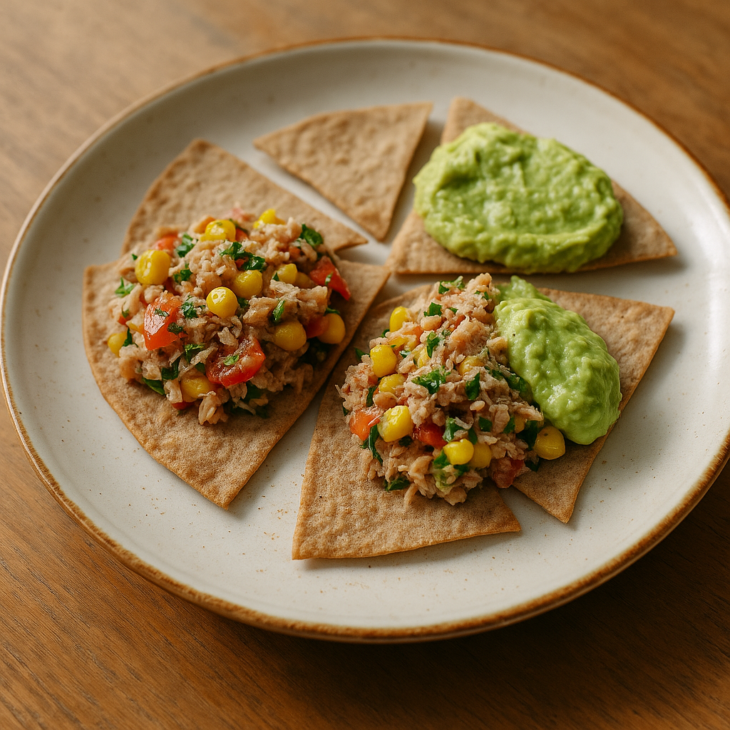 Tostadas mit Thunfisch, Mais und Avocado-Crema