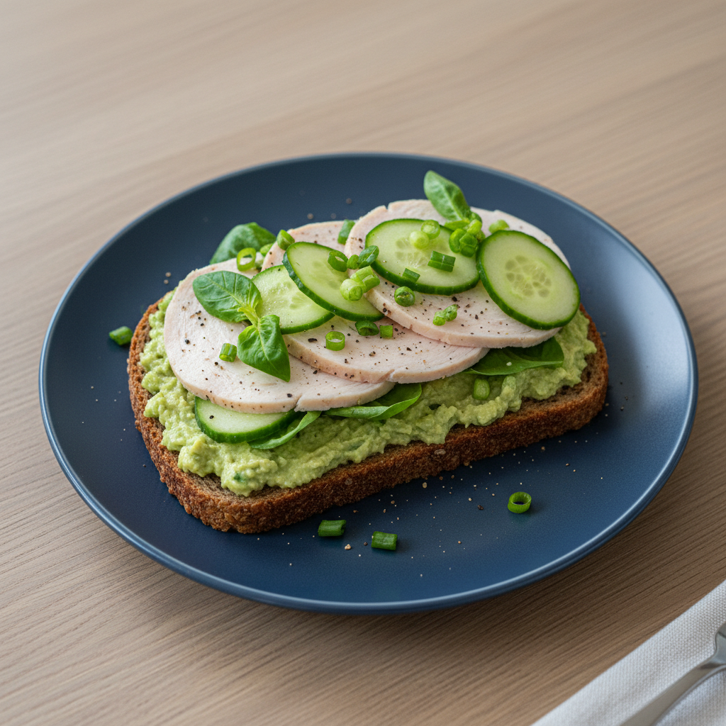Vollkornbrot mit Avocado-Frischkäse und Hähnchenbrust Aufschnitt