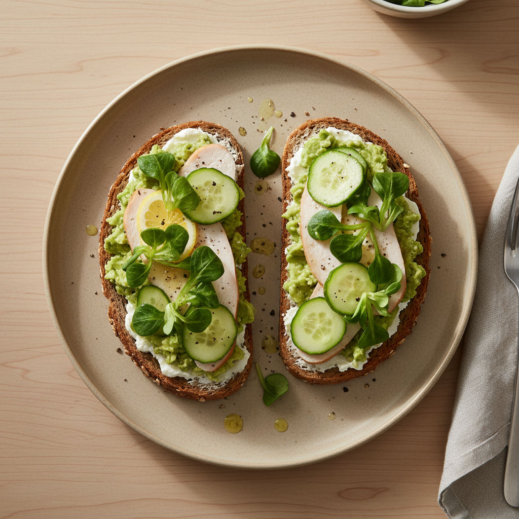 Vollkornbrot mit Avocado, Hähnchenbrust Aufschnitt und Frischkäse light mit Gurke
