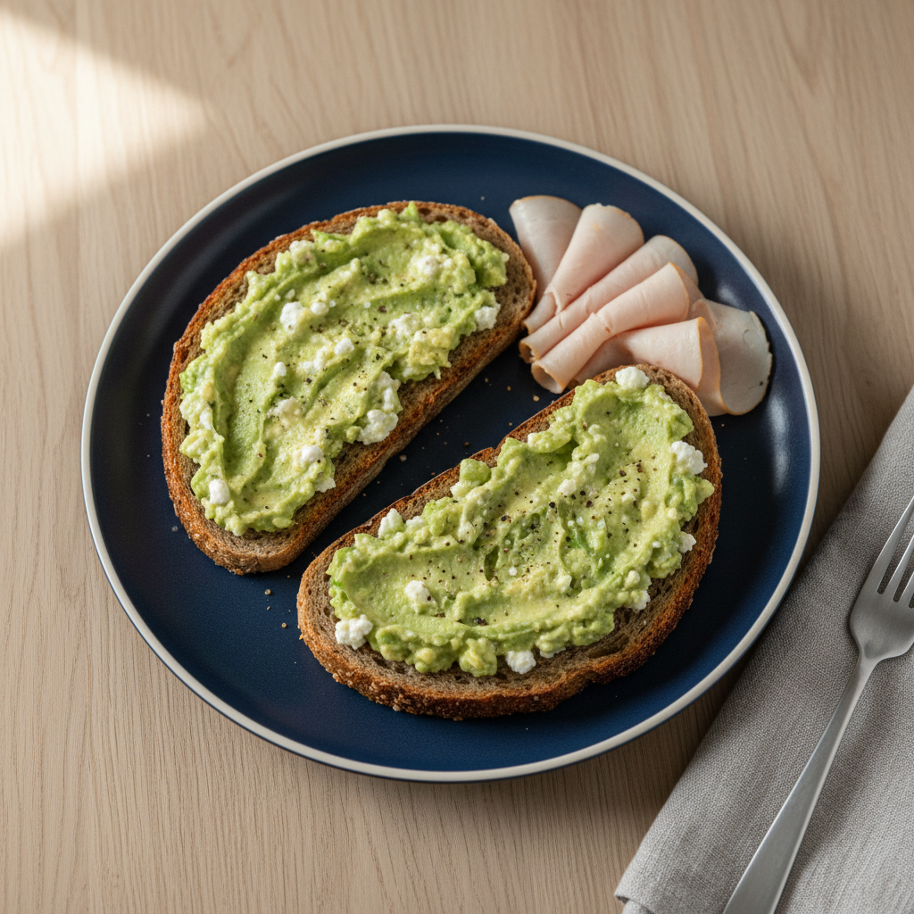 Vollkornbrot mit Hüttenkäse-Avocado-Creme und Truthahnaufschnitt
