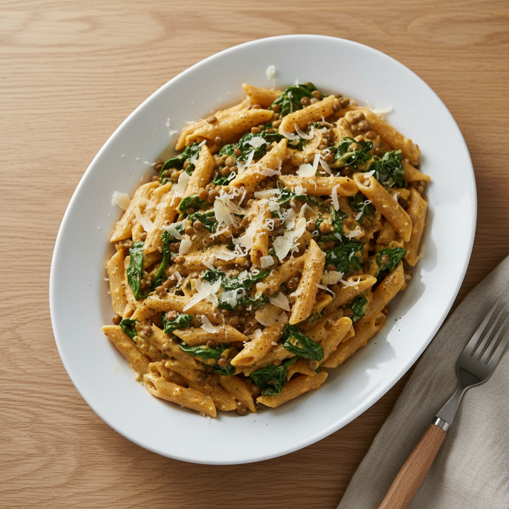 Vollkornnudeln mit cremiger Senf-Linsen-Spinat-Sauce und Parmesan
