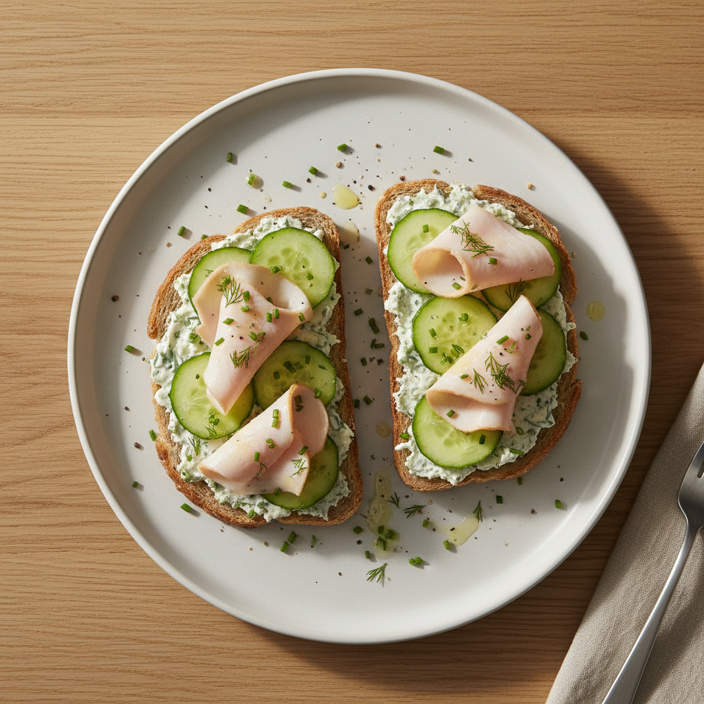 Vollkorntoast mit Frischkäse light, Truthenbrust Aufschnitt, Gurke und Kräutern