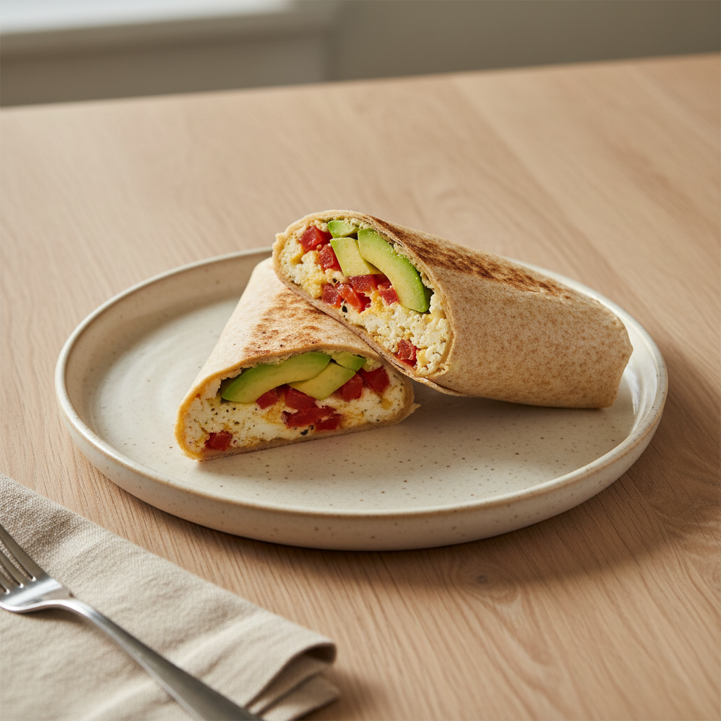 Vollkorntortilla-Wrap mit Eiklar, Paprika und Avocado