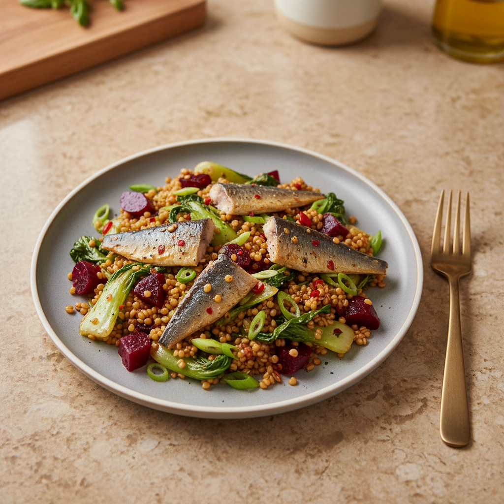Warme Bulgur-Pfanne mit Hering, Pak Choi und Rote Bete