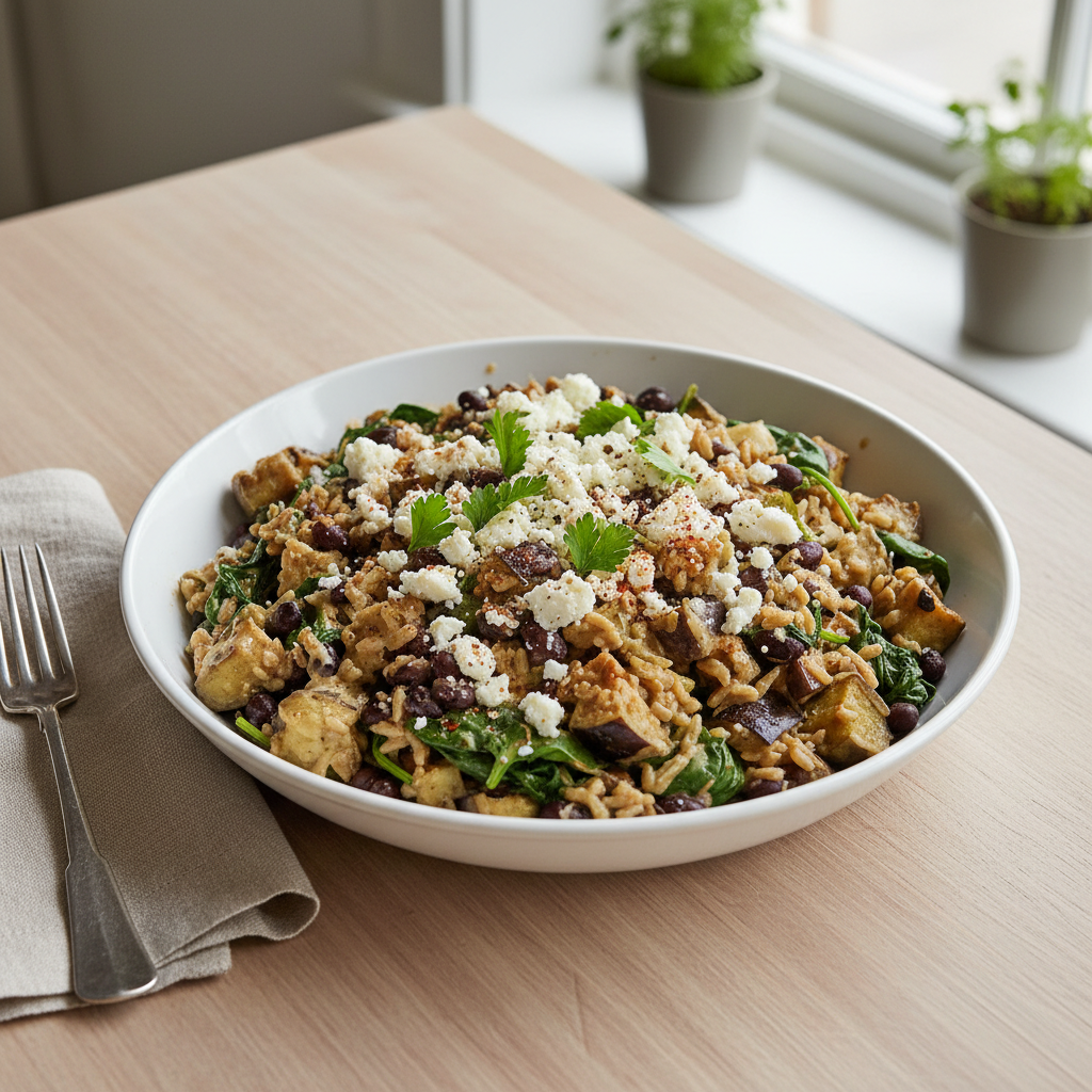 Warmer Wildreis-Bohnen-Topf mit Aubergine, Spinat und Feta