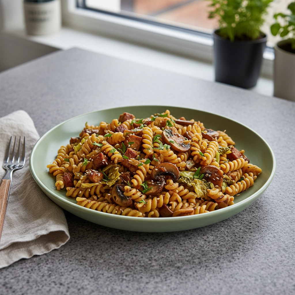 Wirsing-Pfanne mit Planted und Fusilli