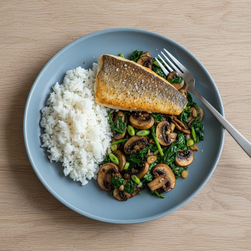 Zander mit Basmatireis und Champignon-Spinat-Pfanne