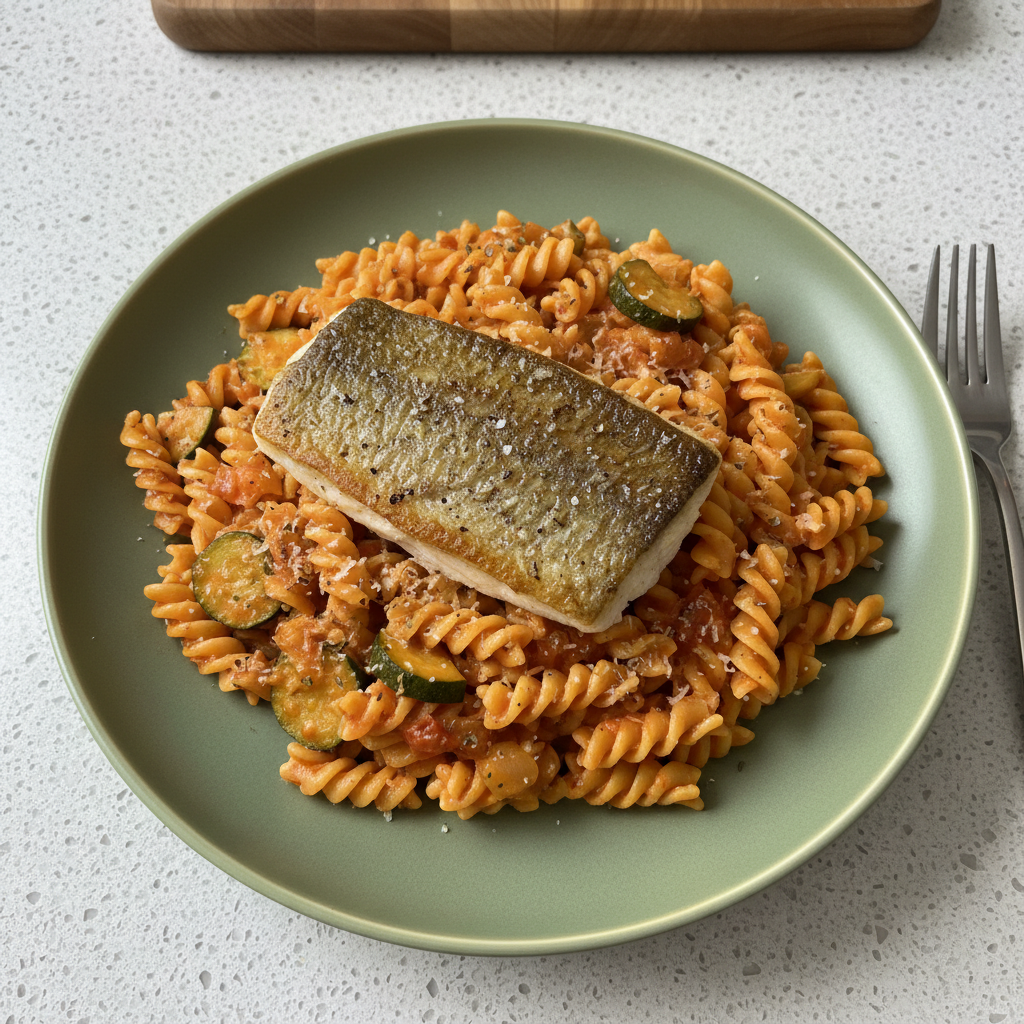 Zander mit cremiger Tomaten-Zucchini-Pasta und Parmesan