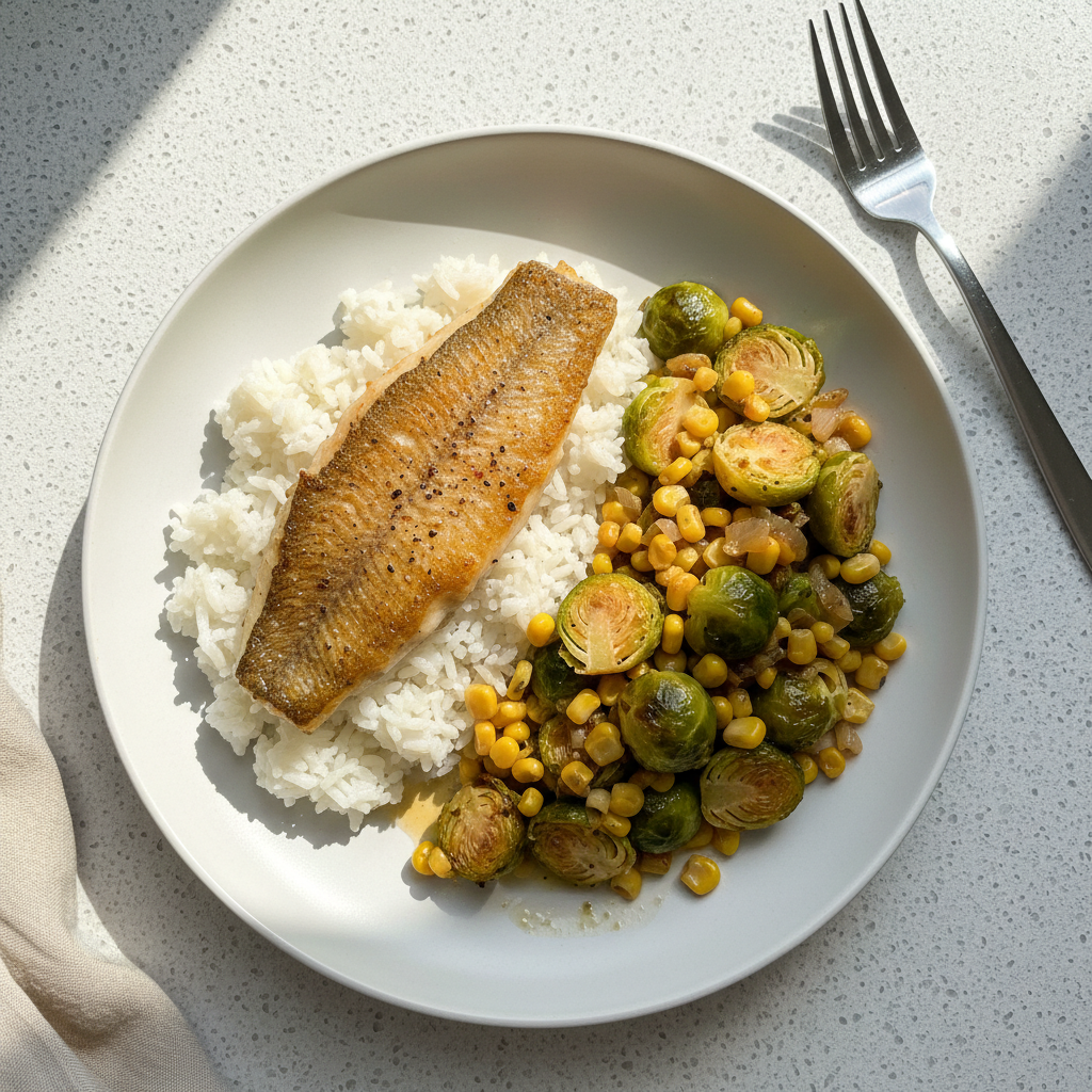 Zander mit Reis und Rosenkohl-Mais-Pfanne