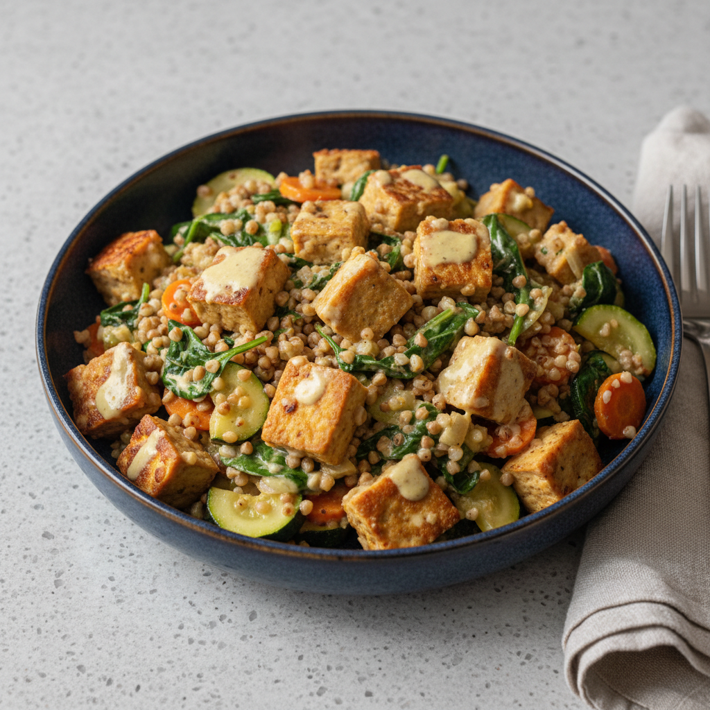 Zitronig-würzige Tempeh-Pfanne mit Buchweizen und Spinat